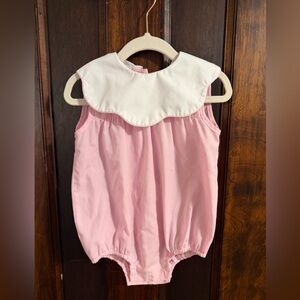 Petit bébé Pink Baby Girl Bubble Romper with White Peter Pan Collar